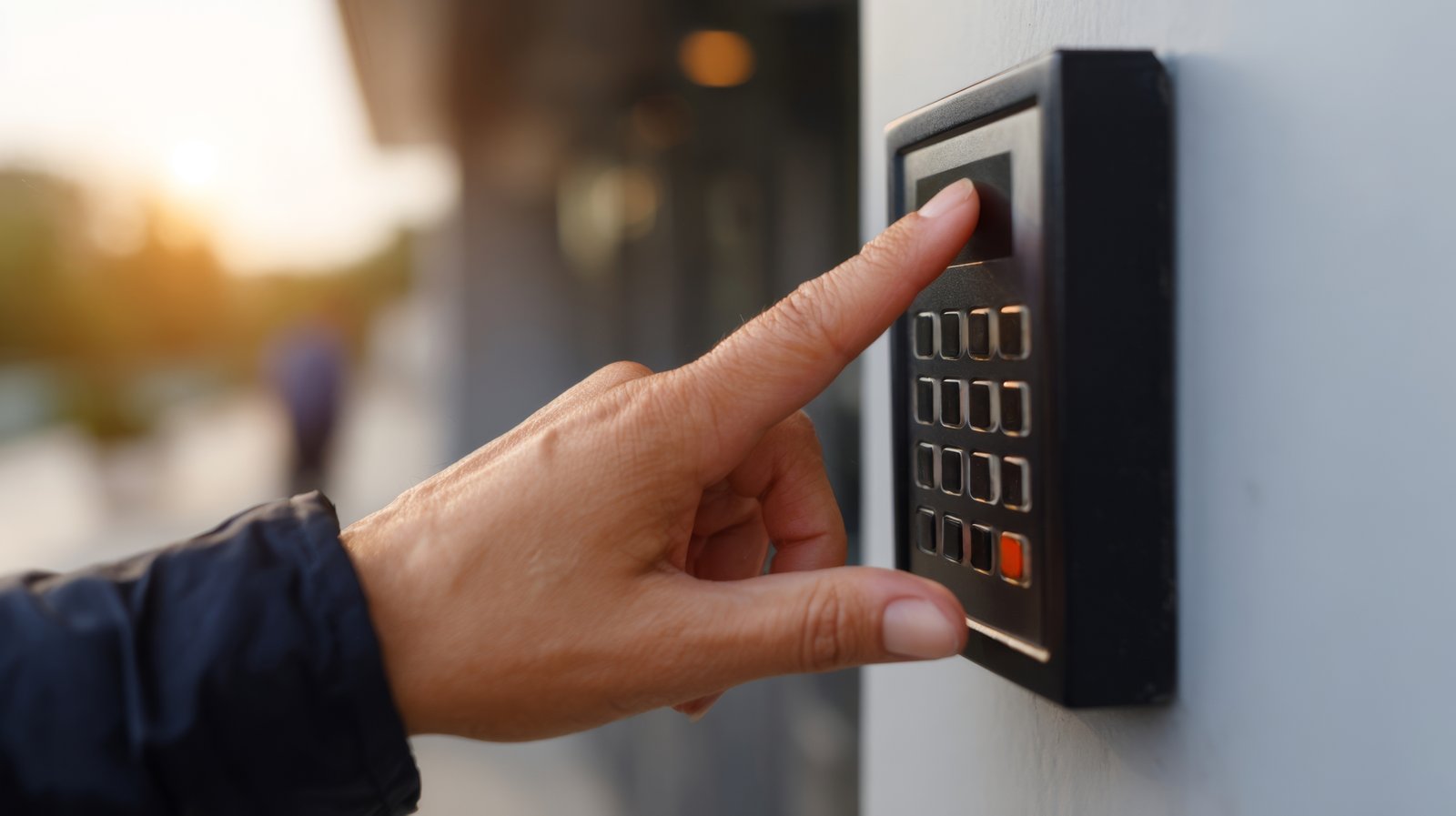 A person interacts with a keypad, entering a security code to access a building in the evening light.